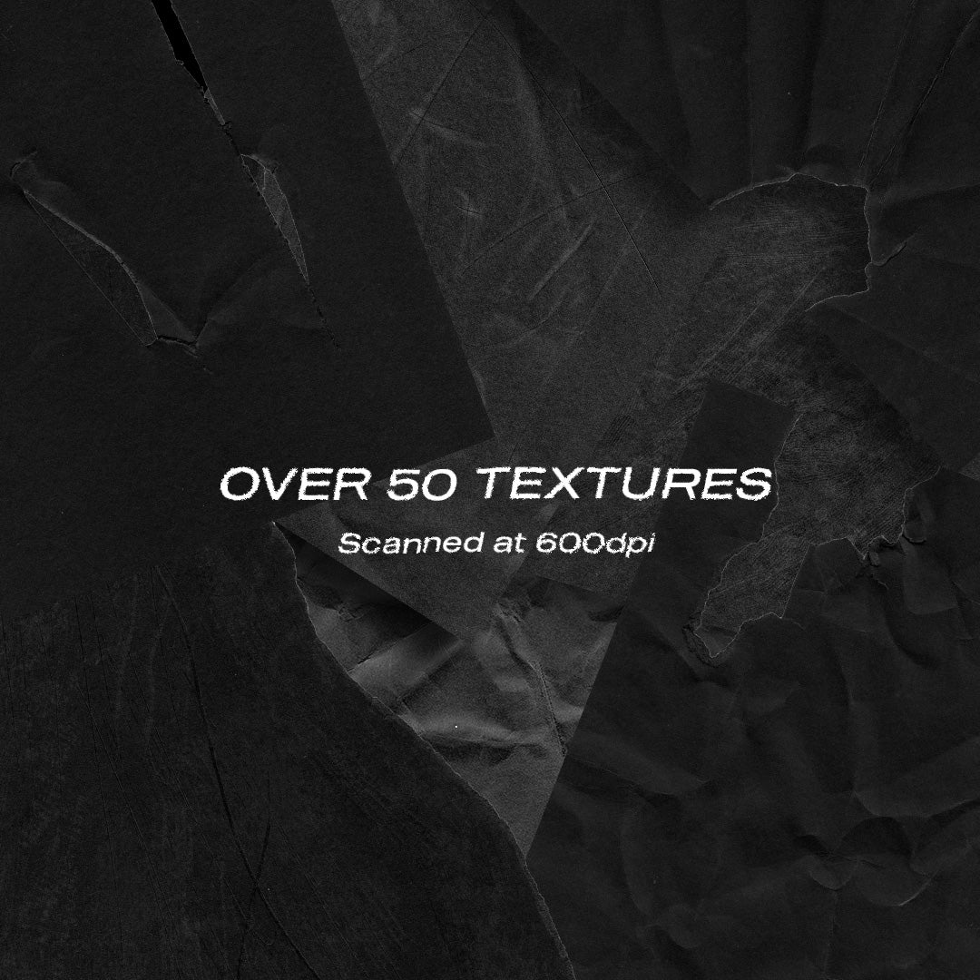 A black ripped textured background containing the text  "Over 50 Textures" & "Scanned at 600dpi".