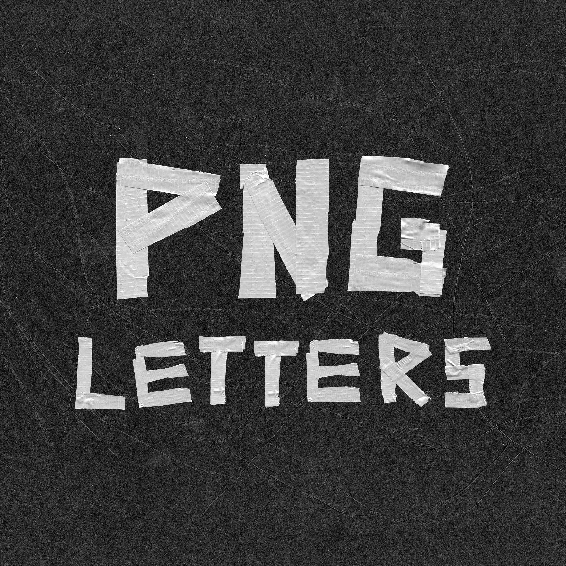 Text made out of duct tape on a textured background that reads "PNG LETTERS".