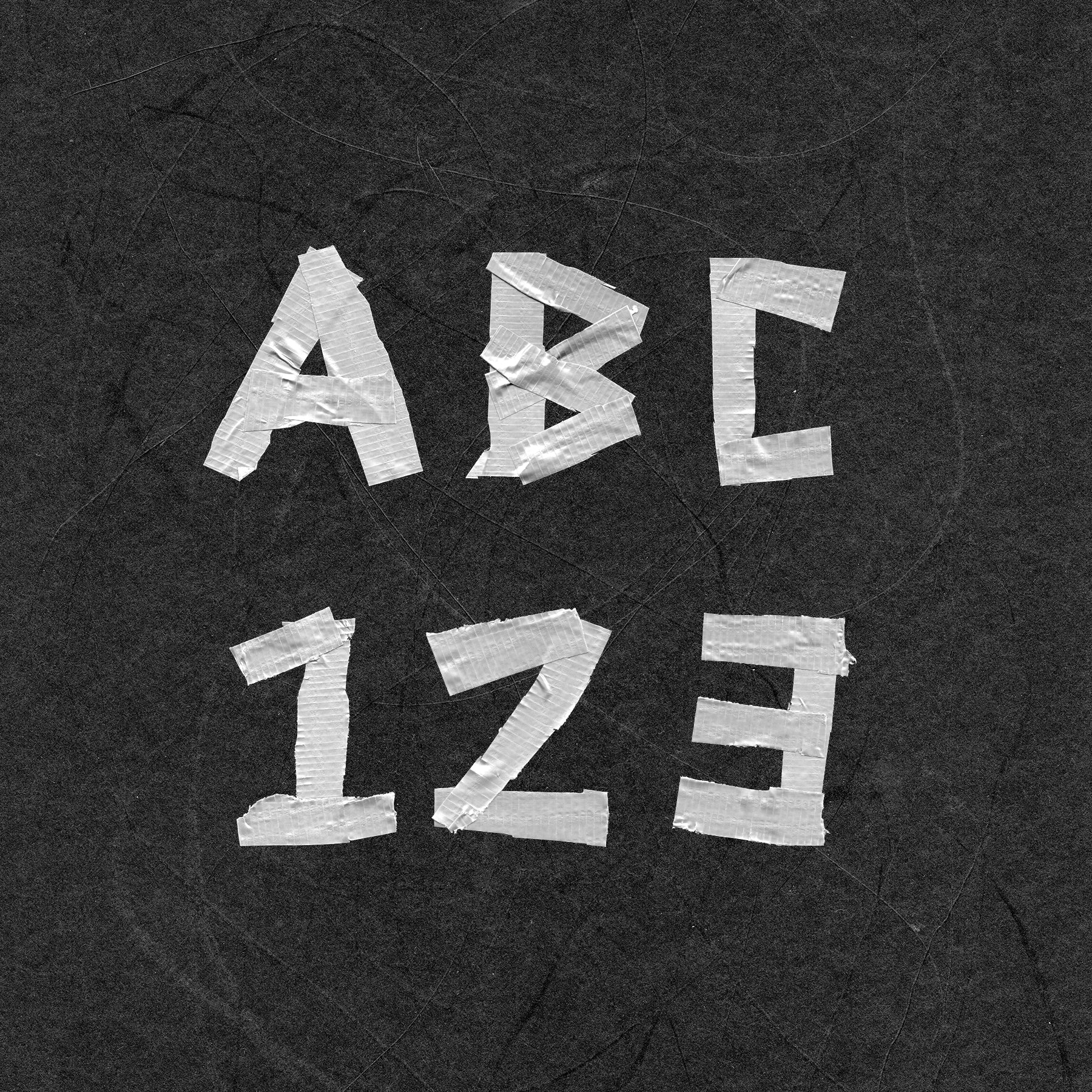 Text made out of duct tape on a textured background that reads "ABC 123".